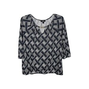 AGB Navy‎ White Geometric Stretch Knit Banded Bottom Chain Accent Top Size XL